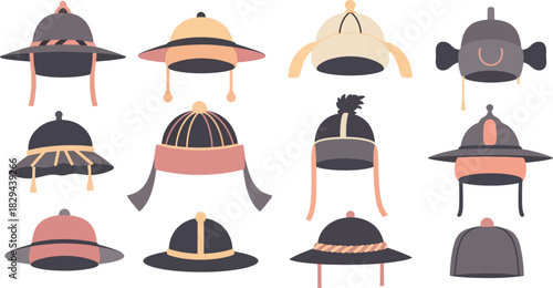Collection of Traditional Asian Conical and Flat Hats in Various Styles