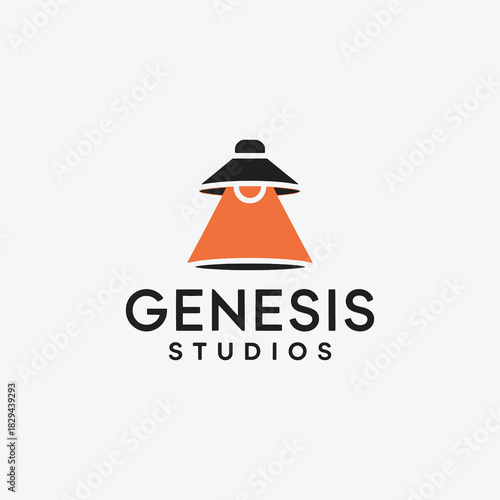 GENESIS STUDIOS abstract arrow pillar logo, red and grey geometric vector icon for construction, finance, or media.