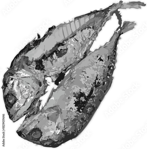 black and white, close-up, and slightly textured illustration of two whole, pan-fried or deep-fried short-bodied mackerel (or similar oily fish), presented side-by-side. The concept captures a common,