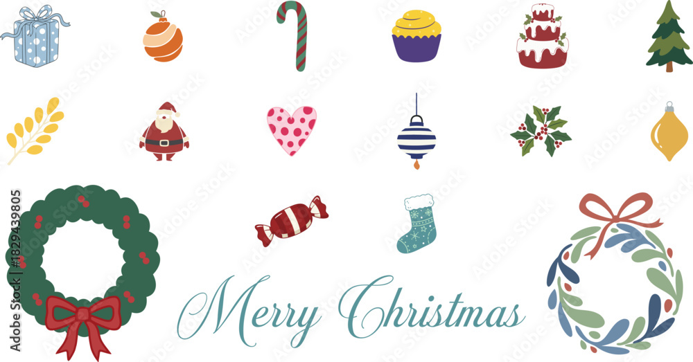 Naklejka premium Merry Christmas elements collection with Santa Claus gift tree candy cane wreath holly and festive icons isolated on white background
