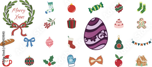 Merry Xmas wreath Santa mug gingerbread cookie socks ornaments candy stocking gift icons for Christmas holiday design elements