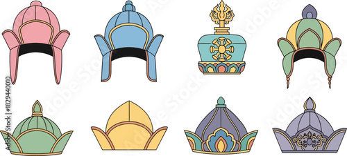 Colorful Traditional Asian Headdresses Set in Bright Pastel Tones