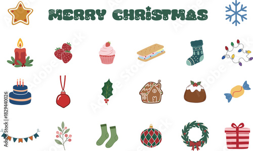 Merry Christmas text with cute holiday elements like gingerbread star candle strawberry cupcake s'mores stocking lights cake ornament holly house