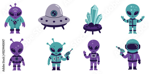 collection of cartoon aliens spaceships and crystals 