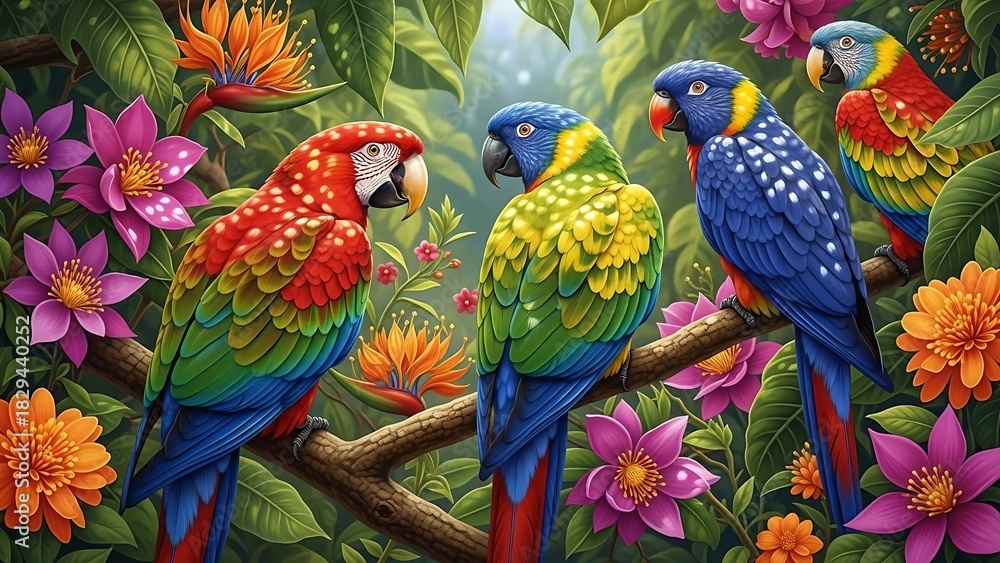 Obraz premium Vibrant parrots perched on branch amidst colorful tropical flowers