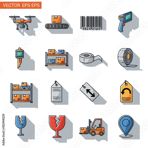 Set of logistic icons including drone, conveyor belt, barcode, scanner, shelves, tape, fragile symbol, forklift, and map pin for shipping and delivery services