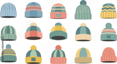 Collection of Colorful Knitted Beanies with Pom Poms on White Background
