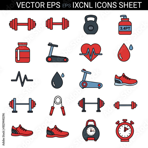 Fitness and workout icons representing exercise and healthy lifestyle with equipment, cardio, and nutrition