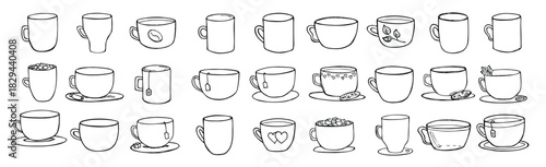 Cute cup of tea and coffee illustration. Simple mug clipart. Cozy home doodle set