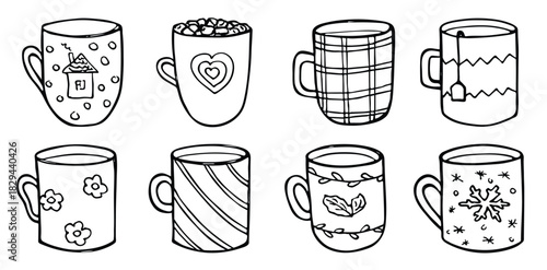 Cute cup of tea and coffee illustration. Simple mug clipart. Cozy home doodle set