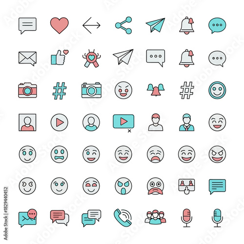 Collection of Social Media Icons and Communication Symbols on a White Background