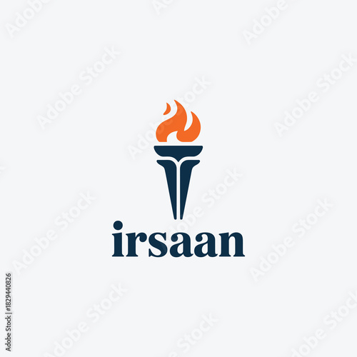 Irsann torch flame logo, black and orange vector icon for education, success, media, start-up, or consulting firm.