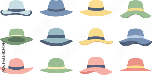 Variety of Colorful Wide Brim Sun Hats on White Background
