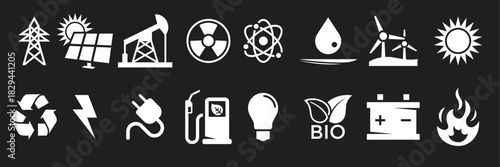 energy icons set white on a black background
