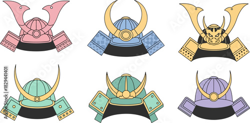 Stylized Decorative Samurai Helmets in Various Colors with Horns and Masks