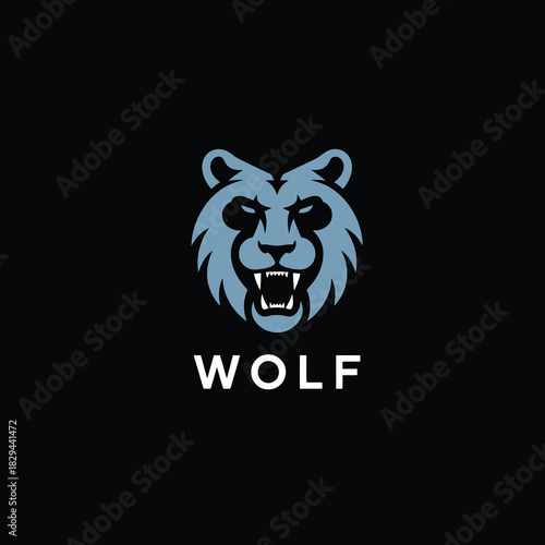 WOLF wild animal head logo, fierce blue and black vector symbol for gaming, security, sports, or outdoor adventure brand.