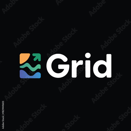 Grid geometric square logo, black and orange shape vector icon for technology, construction, real estate, or digital firm.