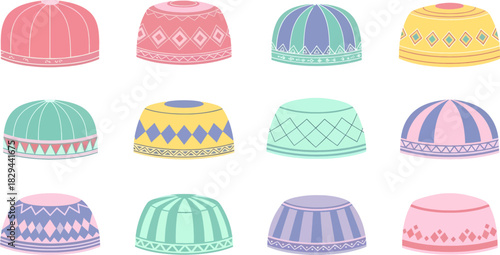 Colorful Decorative Dome Hats with Ethnic Patterns in Pastel Shades