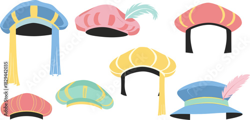 Colorful Tricorn Hats Set with Feather Decorations in Pastel Shades for Costume or Themed Events