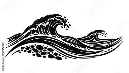 Dynamic black and white illustration of powerful ocean waves crashing and swirling
