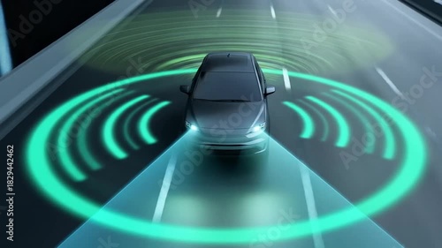 Autonomous vehicle driving on road with radar signals concept