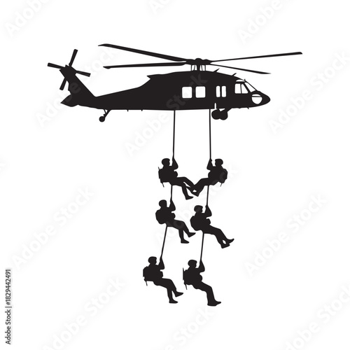 Military Helicopter Silhouette with Special Forces Soldiers Rappelling on Rope
