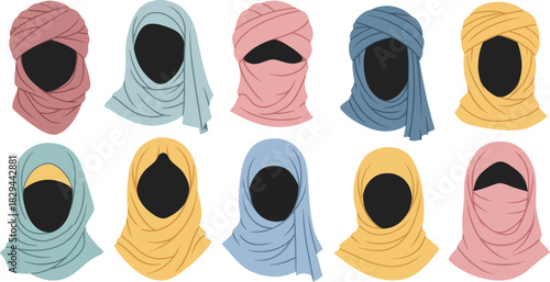 Colorful Headscarves Arrangement in Soft Pastel Shades on White Background