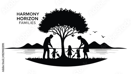 Loving family silhouette under a large tree with children by the water at sunset