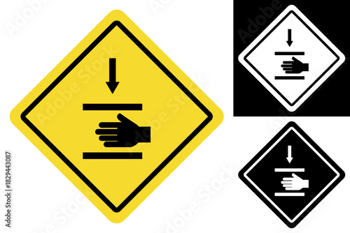 Vibrant yellow diamond warning sign depicting a hand under a press, symbolizing a critical crushing hazard for industrial and workplace safety awareness