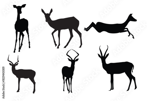 set of editable vector silhouettes of running impala 