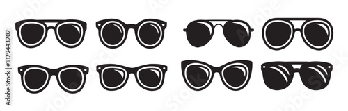 set of solid black icons featuring trendy sunglasses styles 