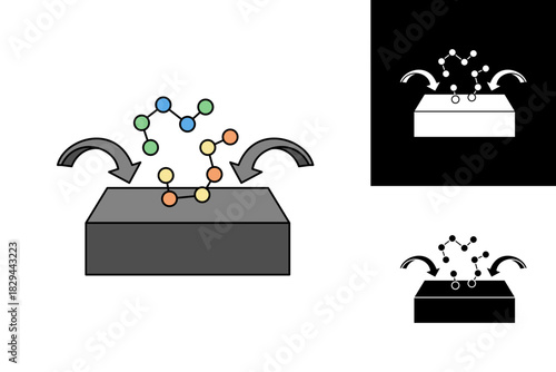 Conceptual icon illustrating the scientific process of molecular input, output, or transformation on a platform, symbolizing chemical analysis, data management, or biological research