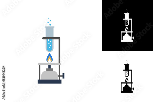 Icon of a chemistry lab experiment setup, featuring a beaker heated by a Bunsen burner, symbolizing scientific research and chemical reactions