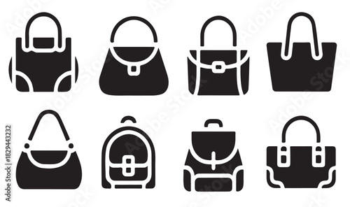 set of solid black icons featuring stylish womens handbags 