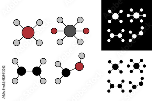 Visual representation of chemical molecules with various atomic arrangements and bonding patterns, presented in both color and black and white graphic styles
