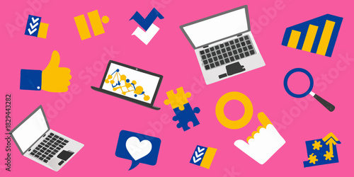 Digital business and technology concept with laptop and data icons on pink