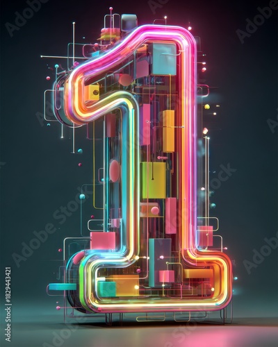 Colorful Neon Number One in Modern abstract Art Style