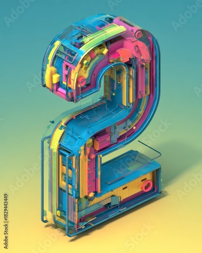 Colorful Abstract 3D Number Two in Vibrant Hues and Design Patterns