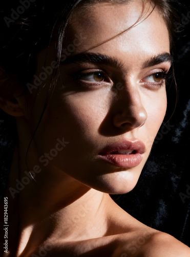 Elegant woman with glowing skin in dramatic lighting