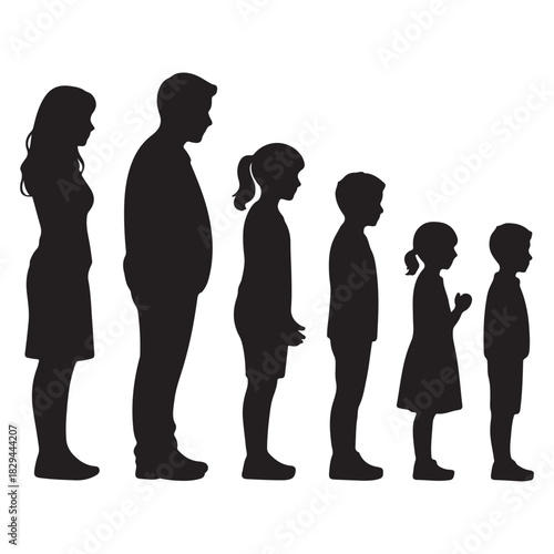 Family Silhouettes in a Row with Children