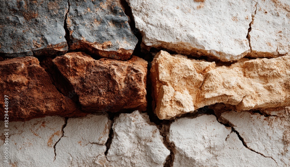 Fototapeta premium Textured wall featuring a mix of rough stones in earthy tones, showcasing natural cracks and imperfections, creating a rustic and weathered appearance with visual depth