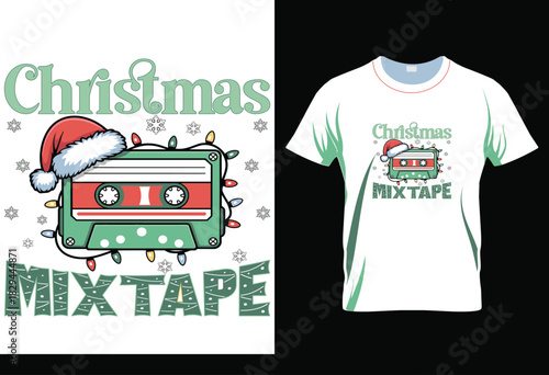 Retro christmas mixtape t shirt design with santa hat and lights