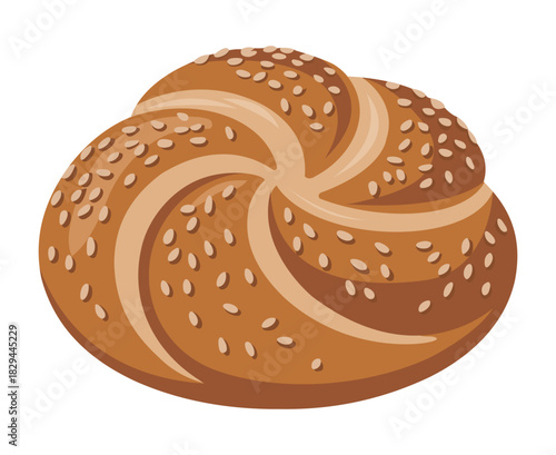 A beautifully illustrated pretzel roll with sesame seeds golden brown and delicious