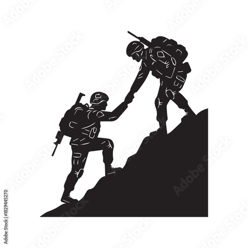 Silhouette of Soldier Giving Helping Hand to Comrade Climbing Hill Vector
