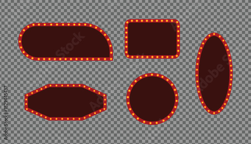 Retro marquee light frames collection with red bulbs on transparent background for vintage signage and decorative elements design projects