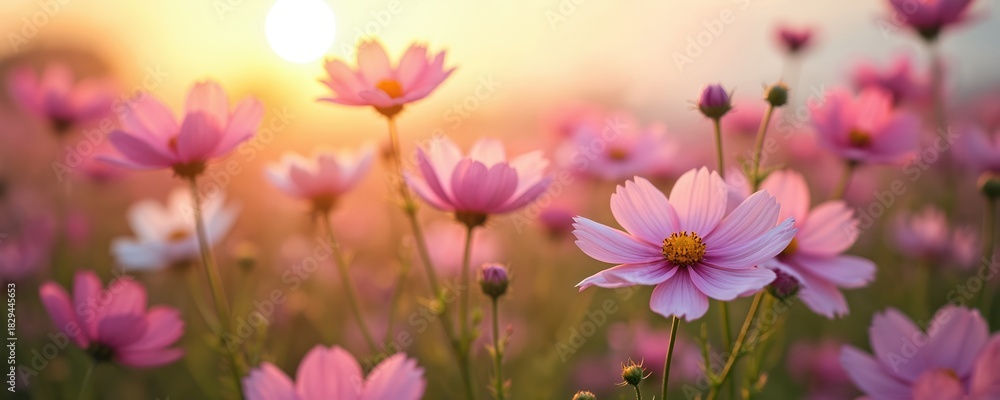 Fototapeta premium Pink cosmos flowers bloom in meadow field under warm golden sunlight. Sun sets rises, casting soft glow over colorful blossoms. Many petals open wide, showing nature beauty. Creates tranquil, vibrant