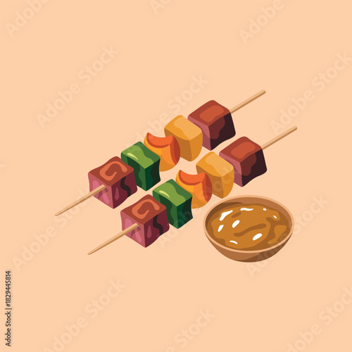 a vector illustration of barbecue skewers served with a dipping sauce