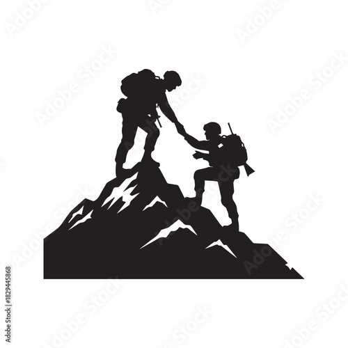 Silhouette of Soldier Giving Helping Hand to Comrade Climbing Hill Vector
