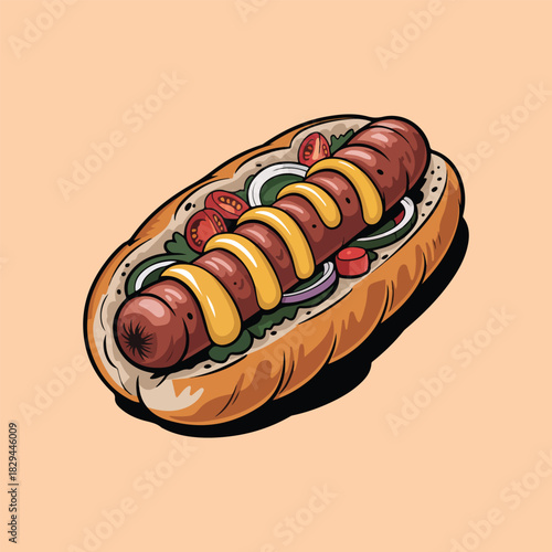 an illustration of a hot dog, which is a type of sandwich consisting of a frankfurter or wiener sausage 