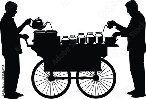Street tea vendors silhouette, traditional beverage cart, urban drink scene, black vector illustration, cultural street food, tea preparation, vendor teamwork